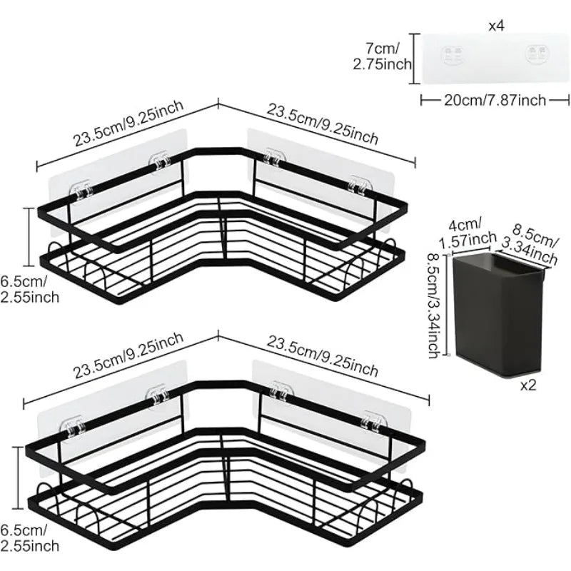 Adhesive Corner Shower Caddy With Hooks Stainless Steel