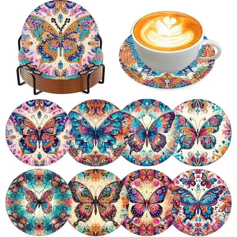 8 pieces/set of dog, beach, lighthouse pattern diamond painted coaster set, sparkling rhinestone heat-resistant beverage mat wit
