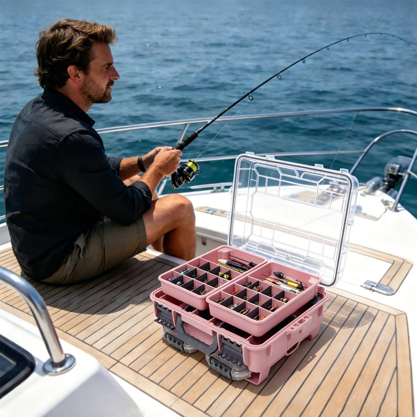 Fishing Tackle Box Small Tackle Storage Box Large Capacity Pink Multi-layer Organizer Removable Slots DIY Tray Portable Lure Bait Hook Line Container Double Lock Secure Thickened PP Waterproof Durable Outdoor Case for Fishing