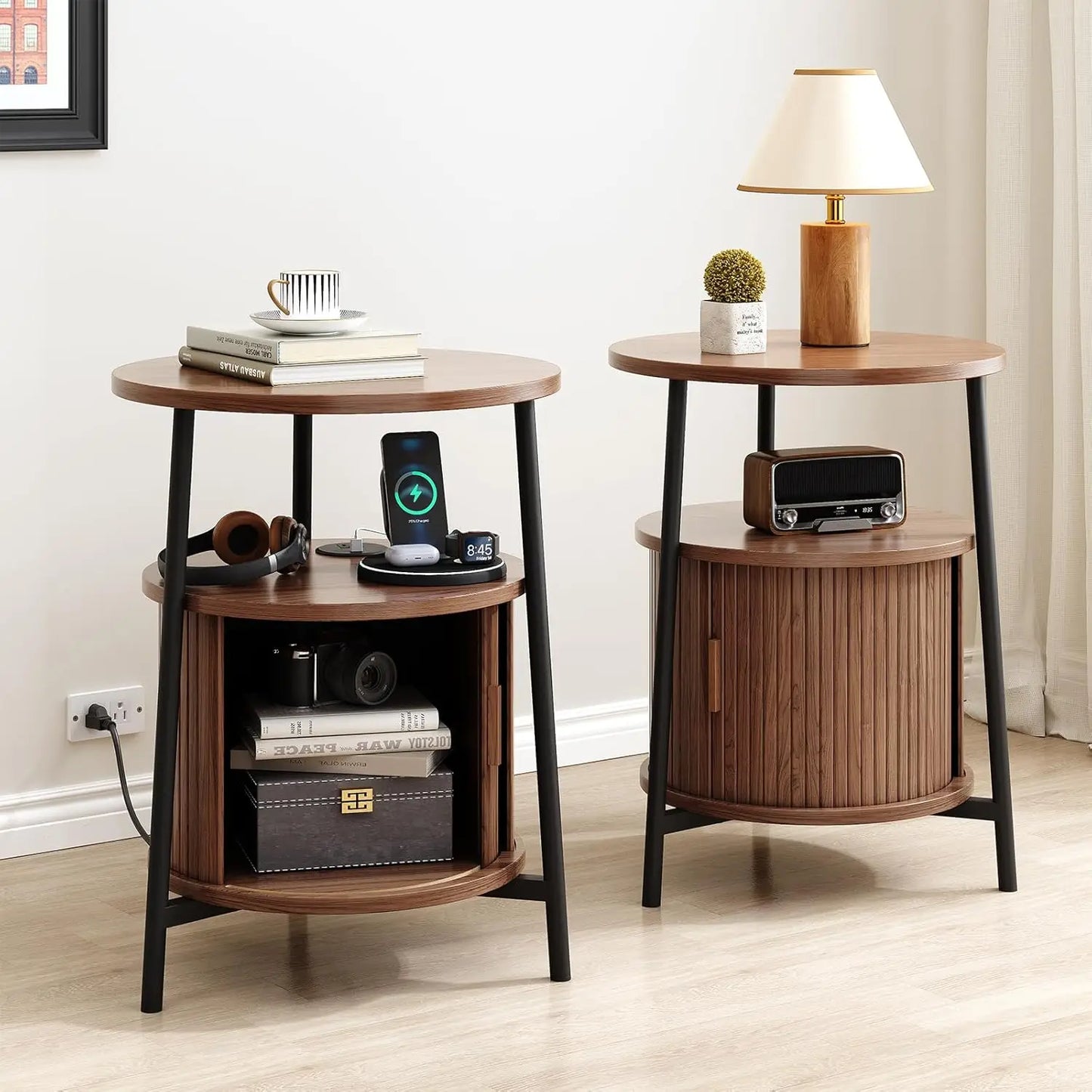 Fluted Round End Table, Mid Century Bedside Table, Modern Nightstands Set Of 2 For Living Room, Bedroom, Entryway