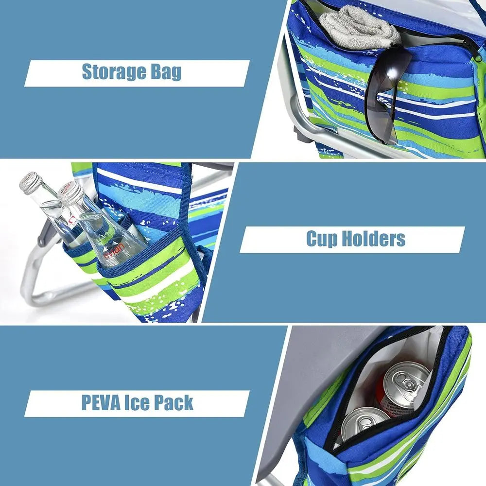 Adjustable Position Beach Chair with Pillow, Storage, Towel Bar, Cup Holders, and Backpack for Outdoor Camping