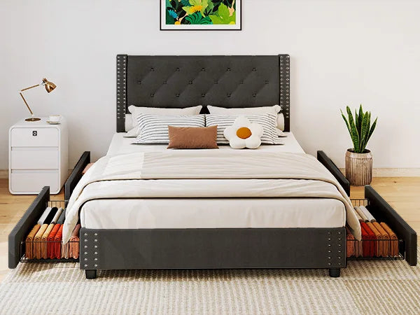 81.50×55.12×48.43inch Full Size Bed Frame w Upholstered Button Tufted Headboard Wood Slat Support Metal Platform Bed Frame