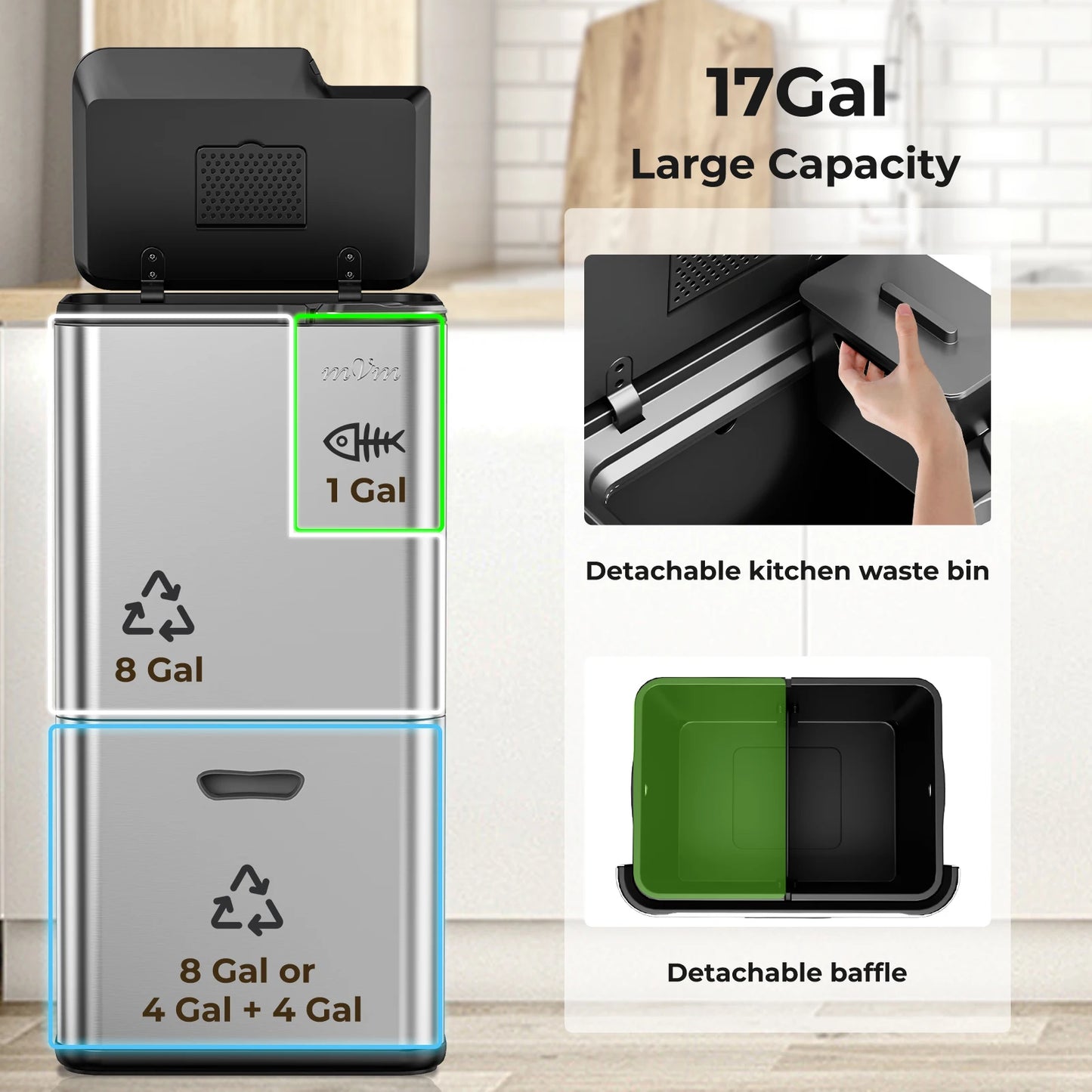 mVm Trash Can Stainless 63L(32L+28L+3L) Kitchen Trash Bin for Recycling Waste
