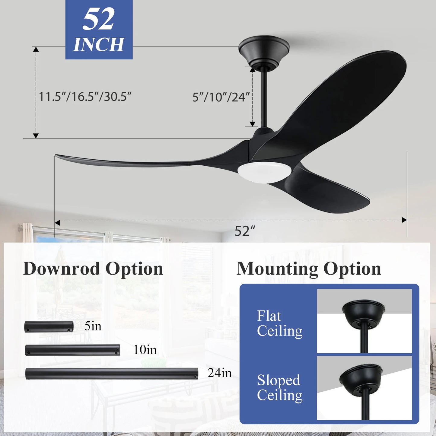 52/60/70-inch Ceiling Fan with Light and Remote 3 Wood Blades High CFM Dimmable LED Noiseless Reversible DC Fans for Bedroom
