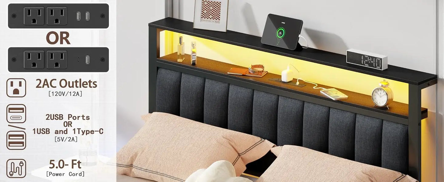 Queen Bed Frame with Charging Station and LED Lights, Grey Upholstered Headboard with Shelves, Metal Platform Bed with 2 Under-Bed Storage (Fabric Drawer on Wheels), No Box Spring Needed