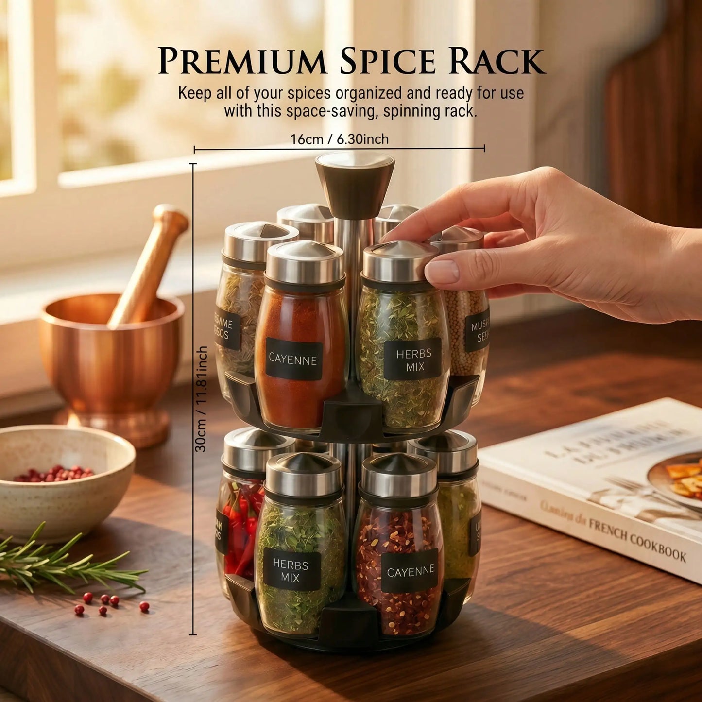 12pcs Glass Jar Set - Rotating Kitchen Spice Rack Organizer, Countertop Herb & Spice Carousel - Ideal For Kitchen Counter Accessories, Spice Organization, And Storage