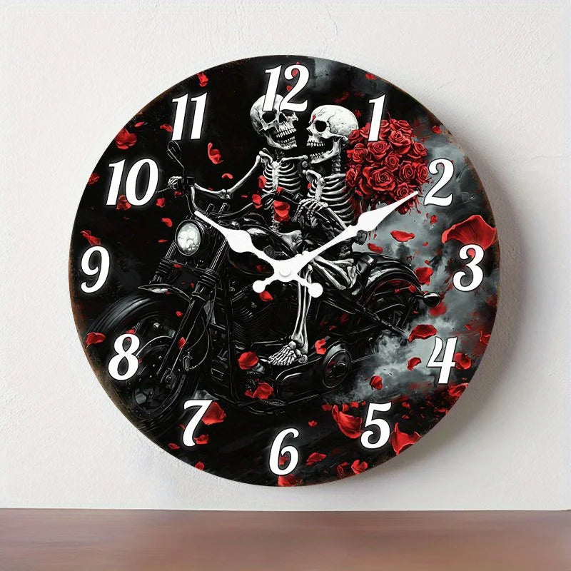 () 1pc Silent Wall Clock Non-Ticking Wooden, Decorative Circular Clock Gothic Motorcycle Skeletons with Roses Design for Bedroom