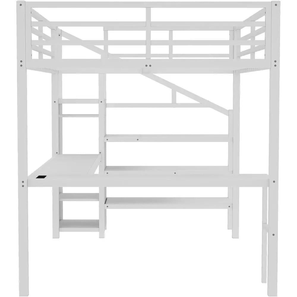 Queen Size Metal Bed with L-Shaped Desk, Wardrobe, Adjustable Shelves, Stairs, LED Light - Suitable for Kids, Teens, Adults in W