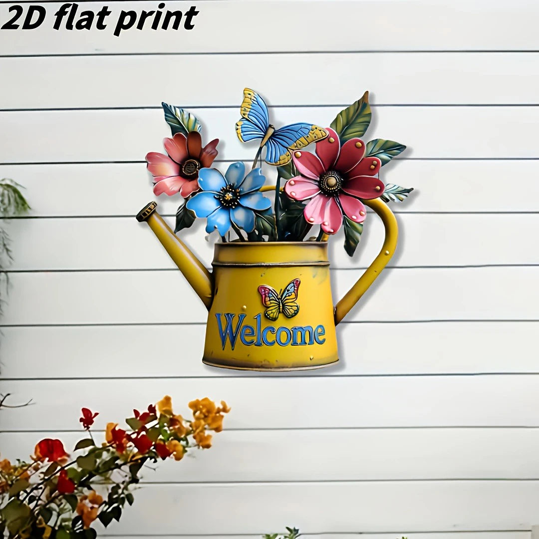 2D Flat, 1pc Rustic Iron Watering Can with Flowers & Butterflies Wall Art - Print Metal Outdoor Decor for Porch, Patio, Garden