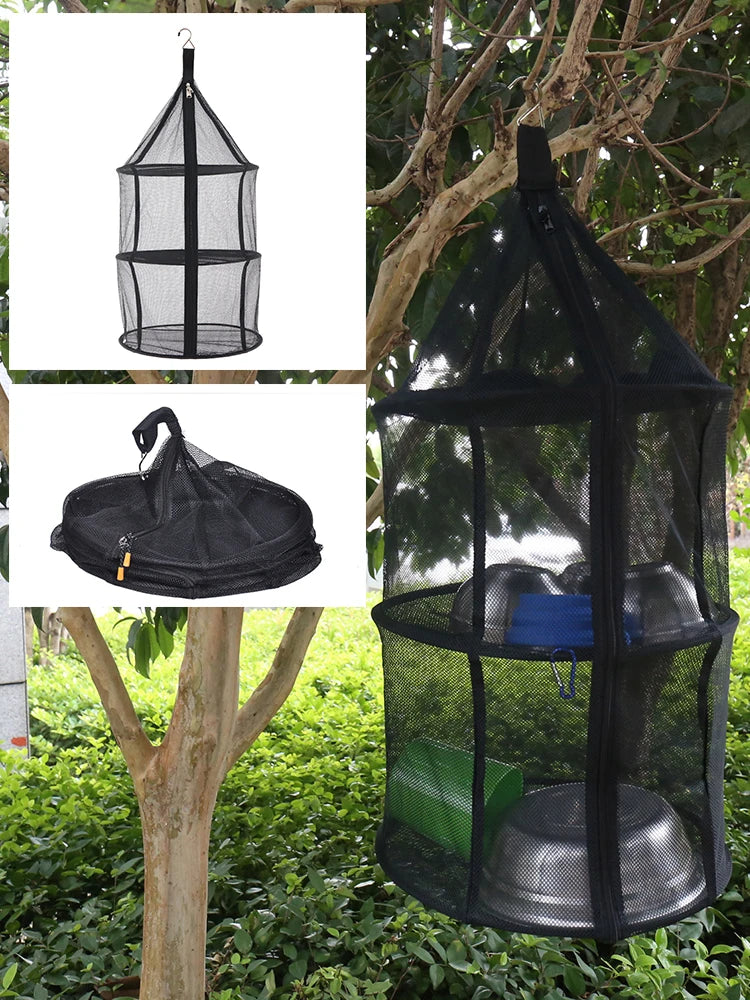 Camping Supplies Three-Layer Folding Storage Net With Zipper Dry Rack Herb Bag For Herbs Flowers Buds Plants Tableware Fruits