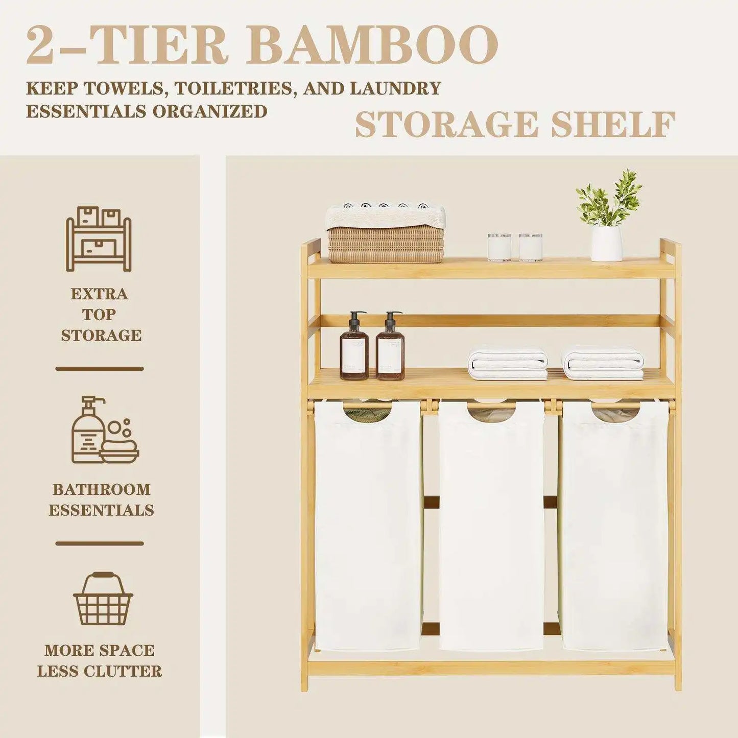 Single / Double Tier Laundry Hamper, 3 / 4 Section Large Bamboo Laundry Sorter with Removable Bags, Large Capacity, Efficient Clothing Storage, Perfect for Washing, Drying and Storage Organizer bathroom organizer