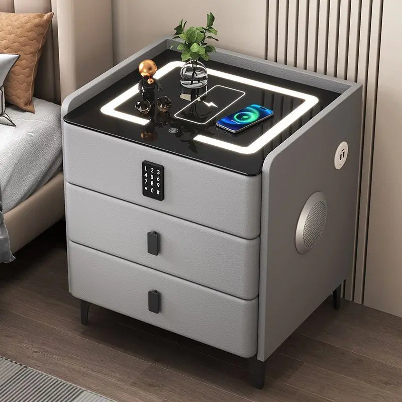 Smart Multifunctional Bedside Table with Wireless ChargerTouch Control 3-Color LEDLightModern Nightstand with Solid Wood