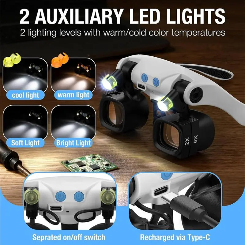 ABUP-Jewelers Magnifying Glass For Close Work, Glasses With Light& 5 Interchangeable Lens Pairs(2X 4X 6X 10X 13X), Includes Head