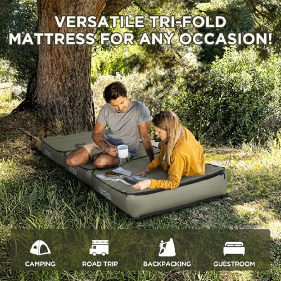Detachable Tri Folding Sleeping Pad for Camping Ultra-Thick 5.5 Inch Air Mattress Quick Inflate Zipper Design for Detachment Ma