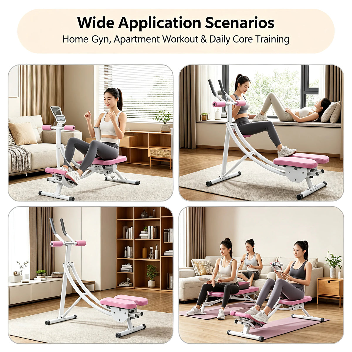 Ab Trainer Machine with LED Display, 3-Level Adjustable Abdominal Workout Equipment with Dual Arc Track, Foldable Core Trainer for Home Gym, Pink
