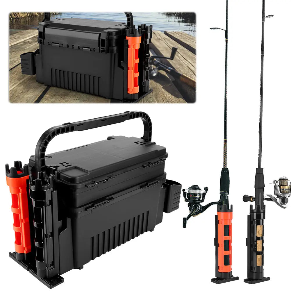 2 Tier Fishing Tackle Box Fishing Gear Box with Cup & Rod Holder Fishing Gear Carry Case Fishing Tool Box Fishing Accessories