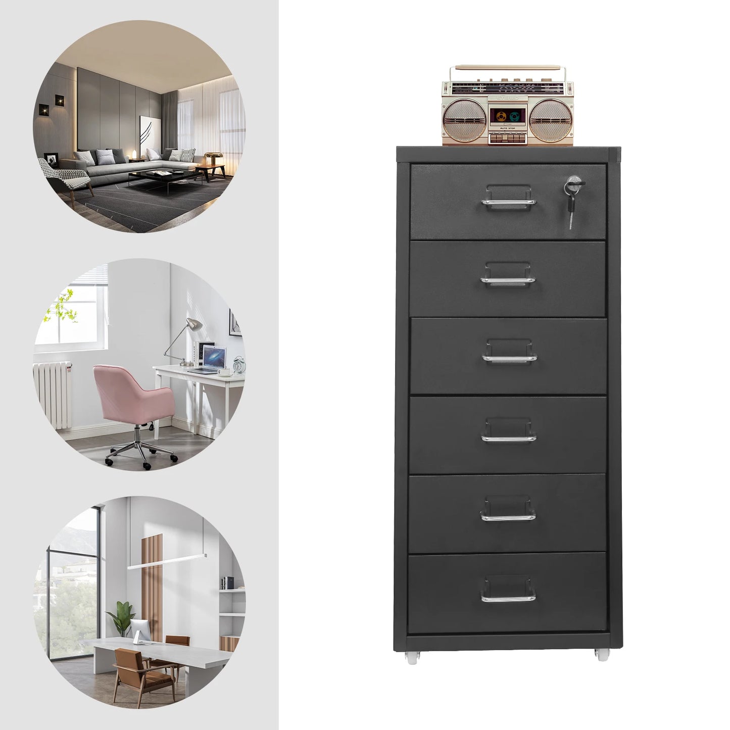 Vertical File Cabinet 6-Drawer Metal Lockable Filing Cabinet with Wheels 22lbs Capacity per Tier for Home Office Study