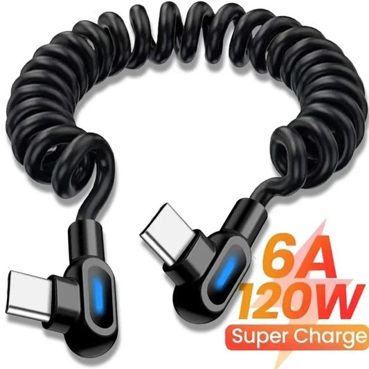 120W 6A USB C Fast Charging Cable Elbow Stretch Spring Data Cord For iPhone Samsung Xiaomi Huawei Phone Car Charge Type C Cable
