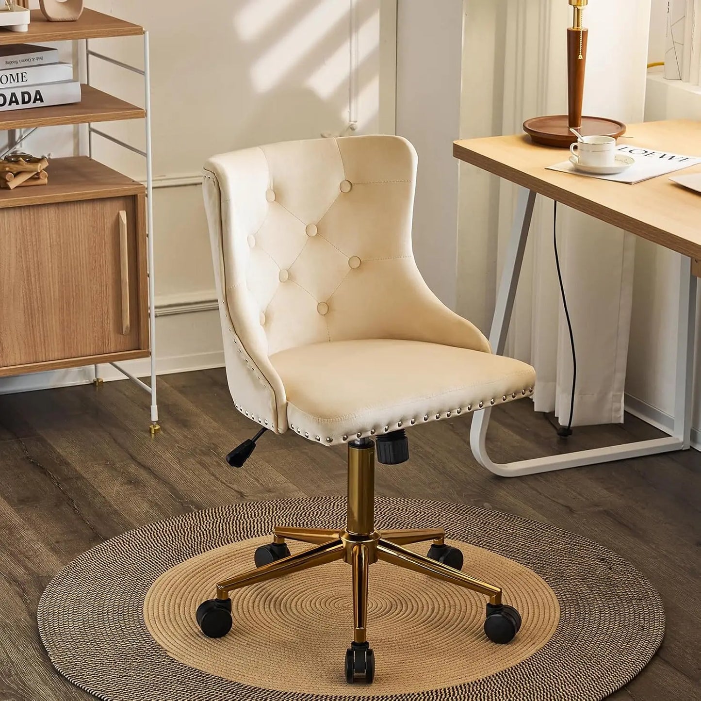 Luxurious Velvet Tufted Armless Office Chair With Wheels