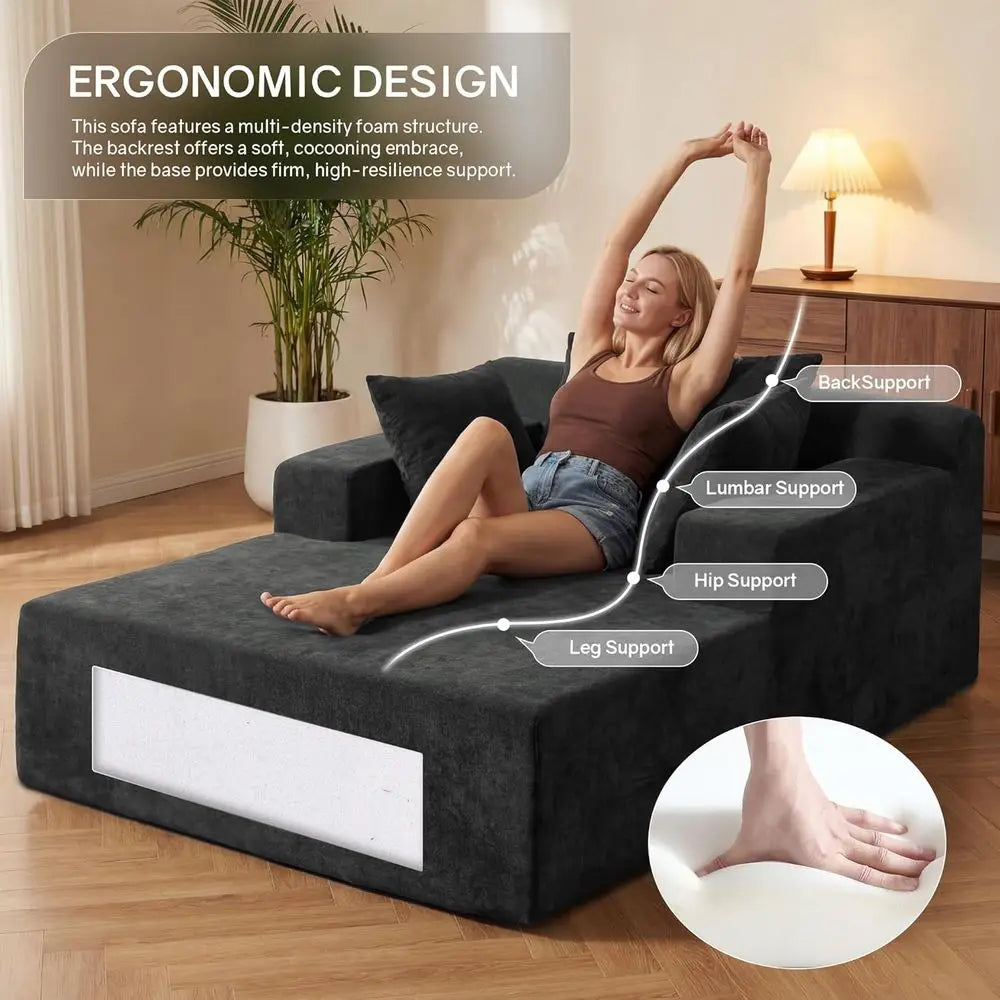 Oversized 66\" Chaise Lounge Chair Indoor Chenille Cloud Reading Chair with 3 Pillows for Living Room Bedroom