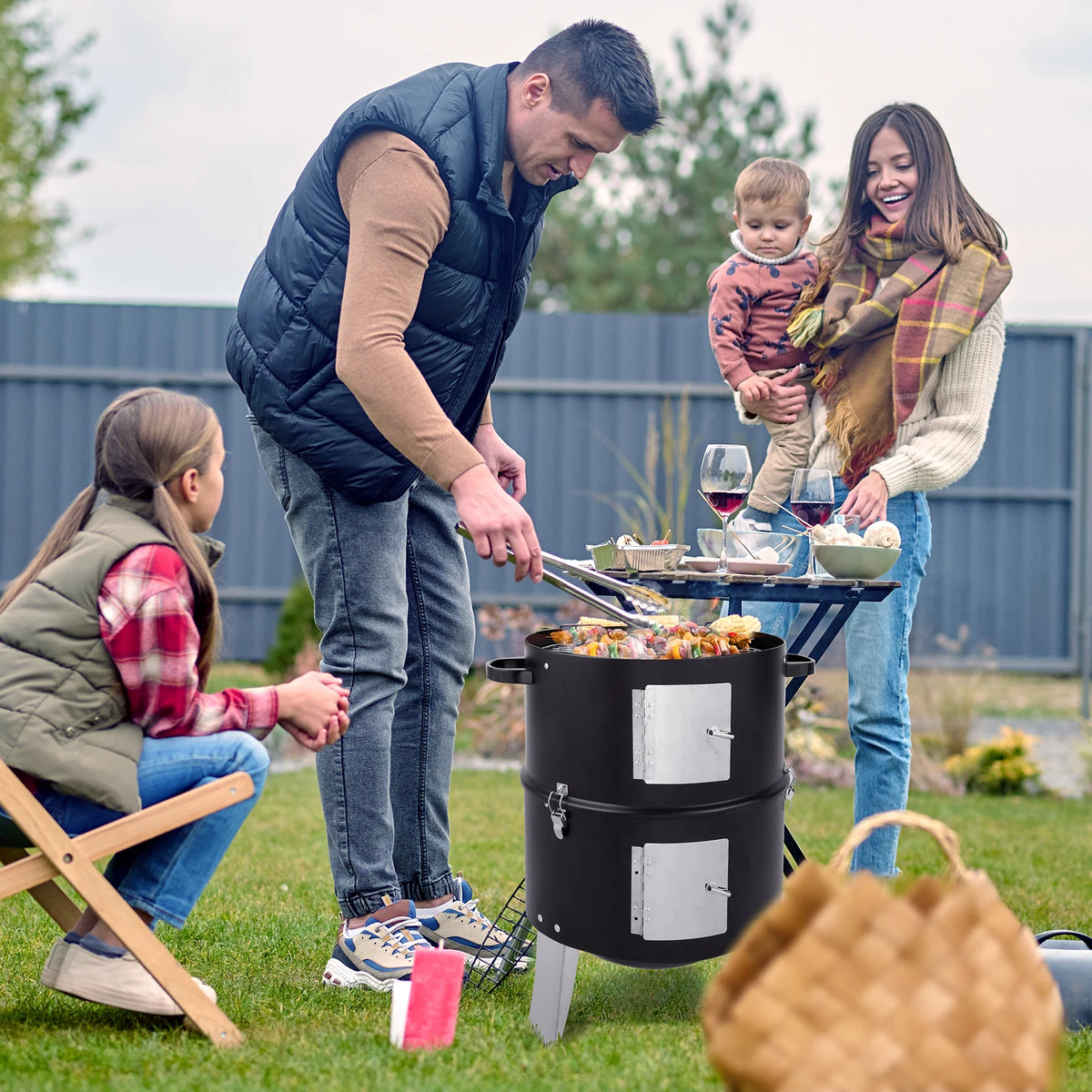 Vertical Steel Charcoal Smoker Heavy Duty Double Layer Round BBQ Grill for Outdoor Cooking Black with Thermometer Chrome Grates