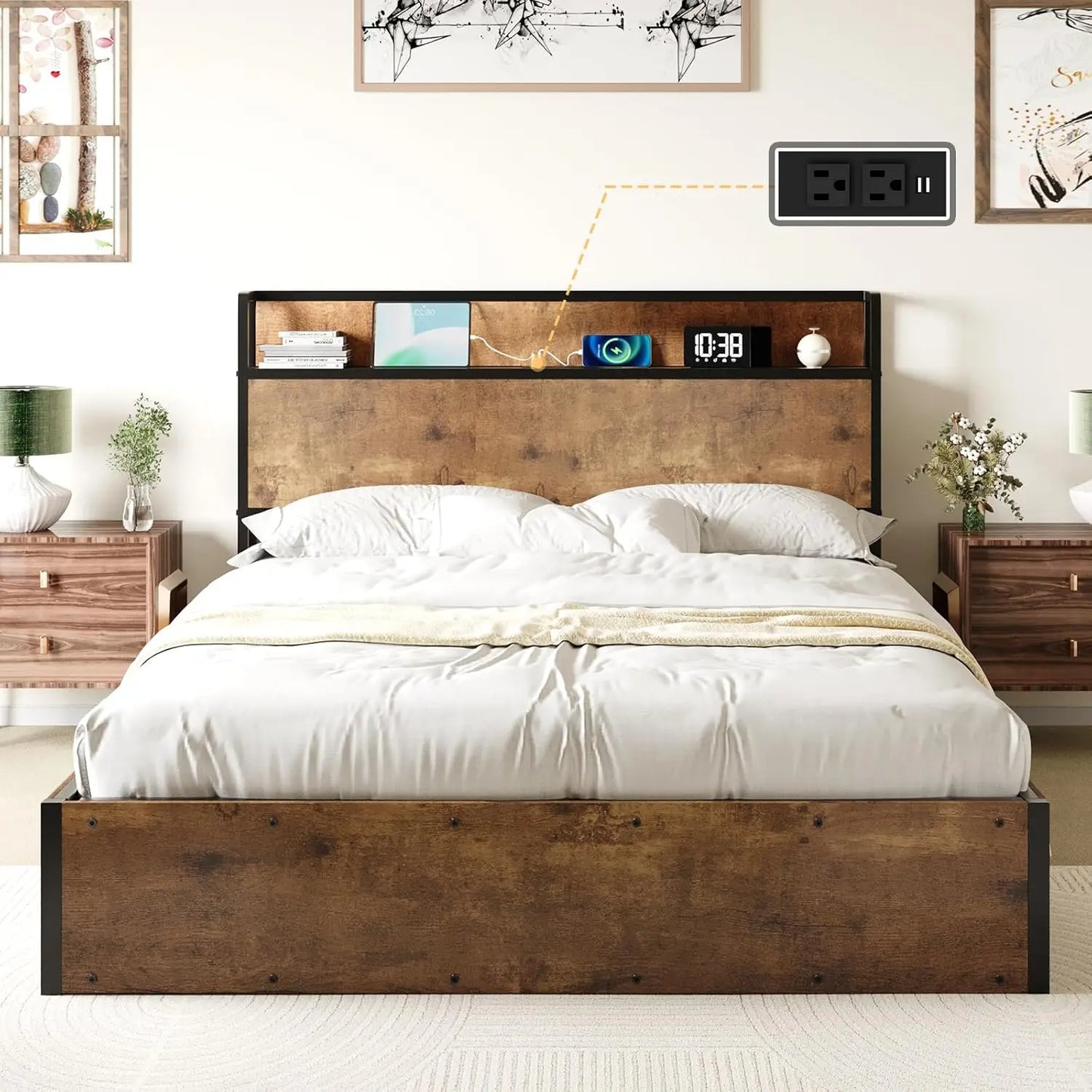 Full Size Lift Up Storage Bed Frame with Charging Station, Custom