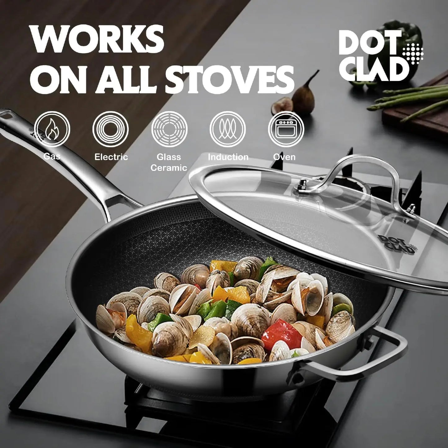 3-Piece Hybrid Stainless Steel Cookware Set-12 Inch Wok with Lid,10 Inch Frying Pan,12 Inch Skillet with Lid-Non Stick,PFOA Free