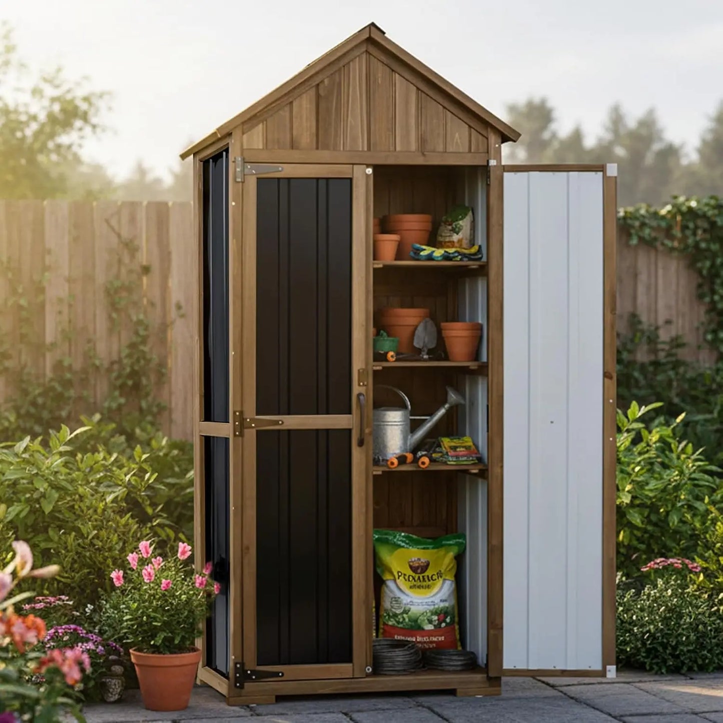 Wood & Metal Outdoor Storage Cabinet with Lockable Doors & Sloping Roof for Patio Backyard Garden Tool, Brown, Custom
