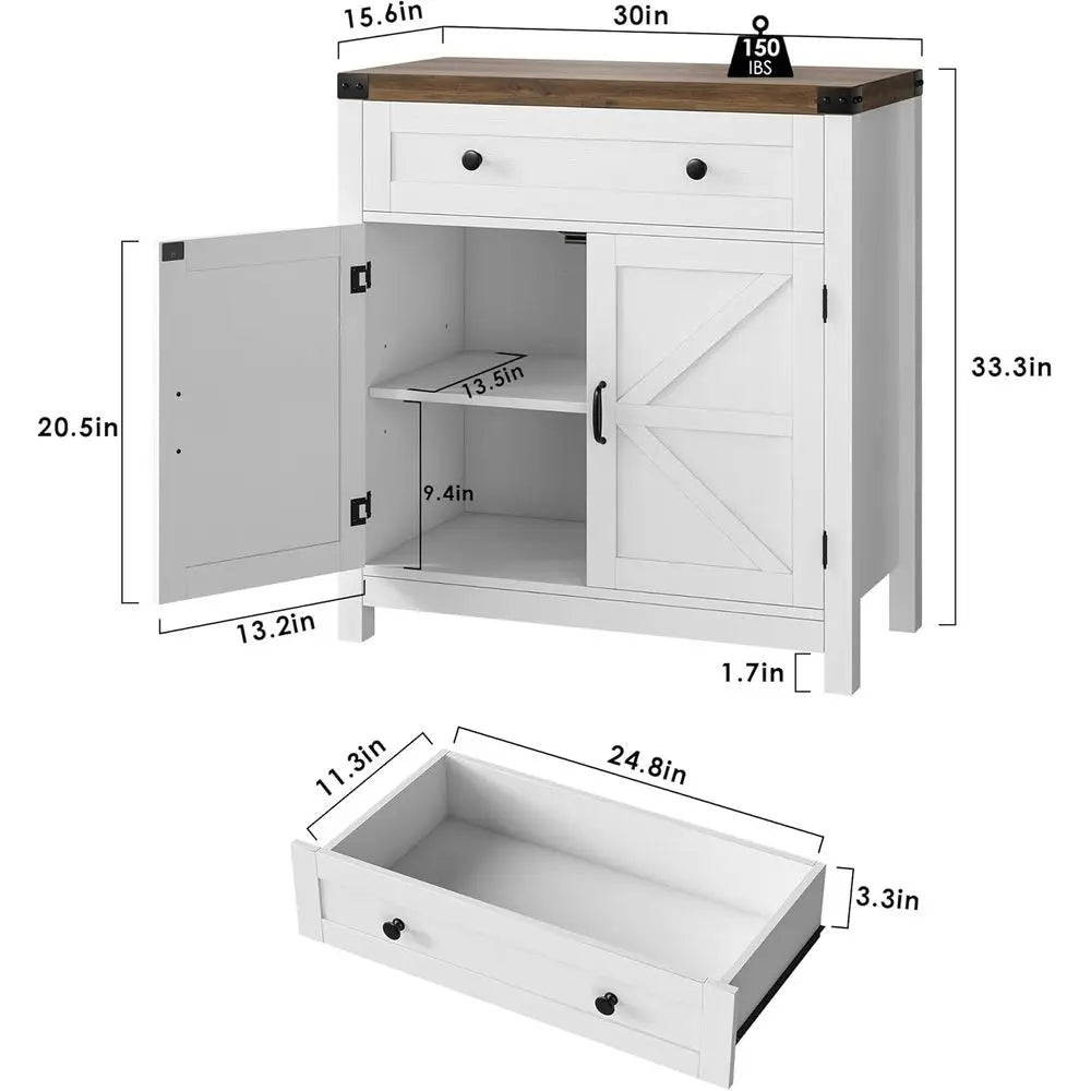 White Barn Door Accent Cabinet for Kitchen, Dining, and Entryway Storage with Drawer and Adjustable Shelves