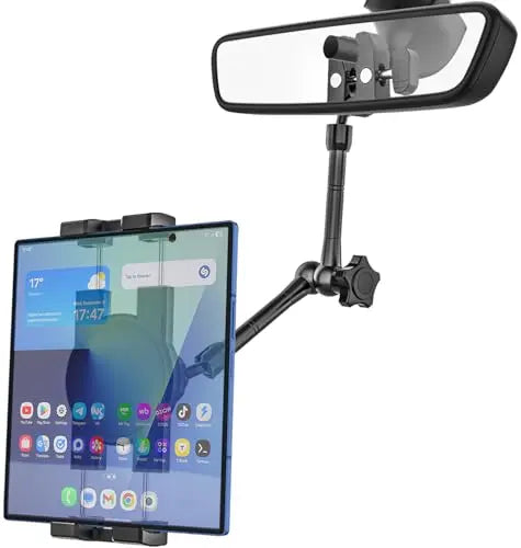 Foldable Car Rearview Mirror Tablet Holder With 360° Adjustable Metal Arm For Phones Tablets Smartphones