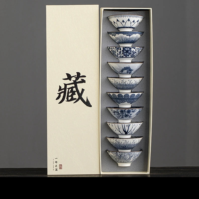 10pcs/box Blue and White Porcelain Tea Bowls Ceramic Kung Fu Small Teacups Single Master Cup with Gift Box Packaging Teaware Set