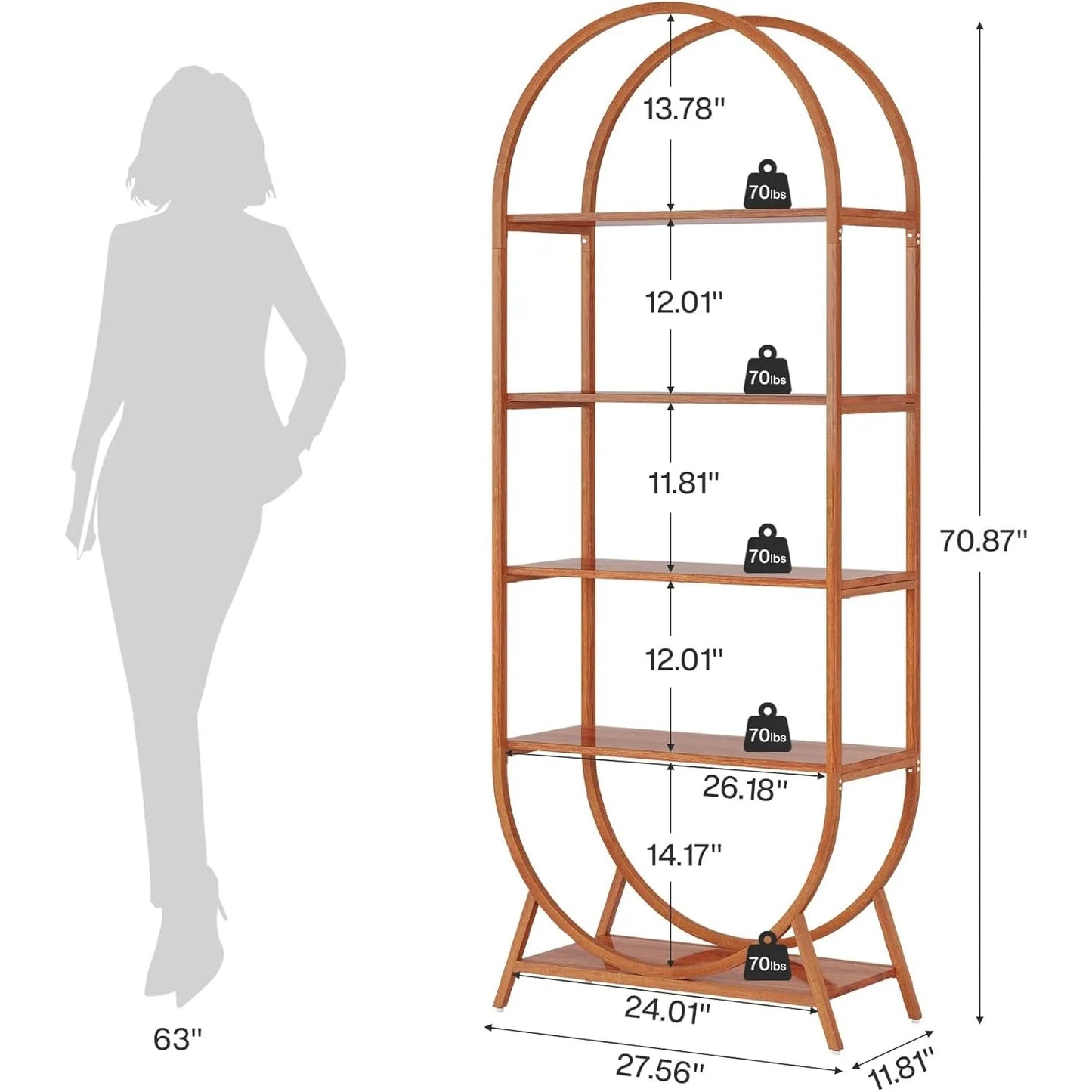 Bookshelf 5-Tier Arched Bookcase, 70.8" Tall Modern Open Book Shelves,Freestanding Display Rack for Living Room, Bedroom, Office