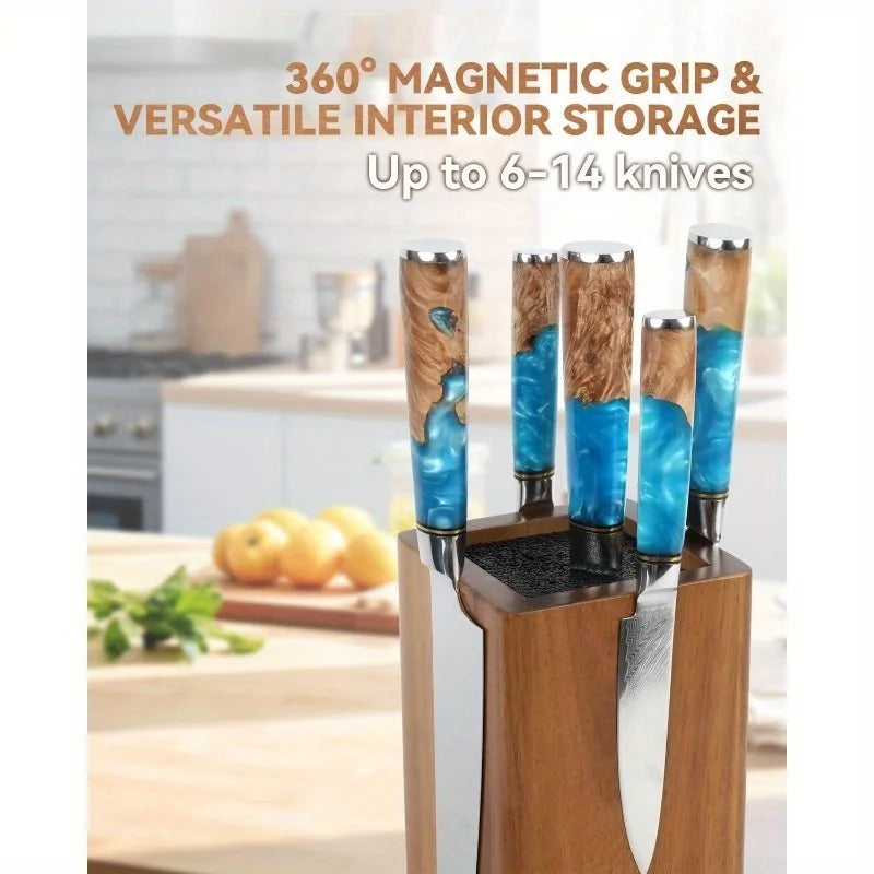 1Pc 360°Rotating Magnetic Knife Block Wood Universal Knife Holder 4‑Side Ultra‑Strong Magnets Knife Storage Rack with Removable Bristles Multifunctional Kitchen Countertop Knife Organizer