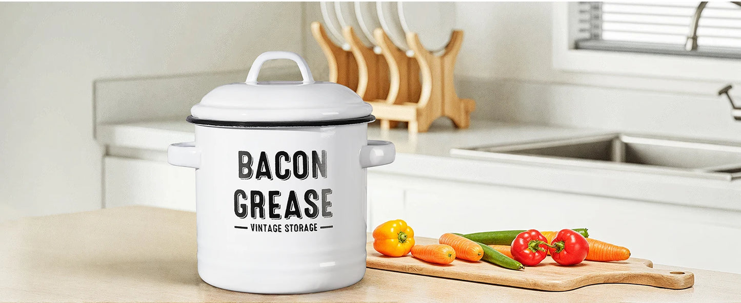 Bacon Grease Container with Strainer - Large 46OZ Red Kitchen Oil Storage Can, Food Saver Bin with Lid | Farmhouse Pot White