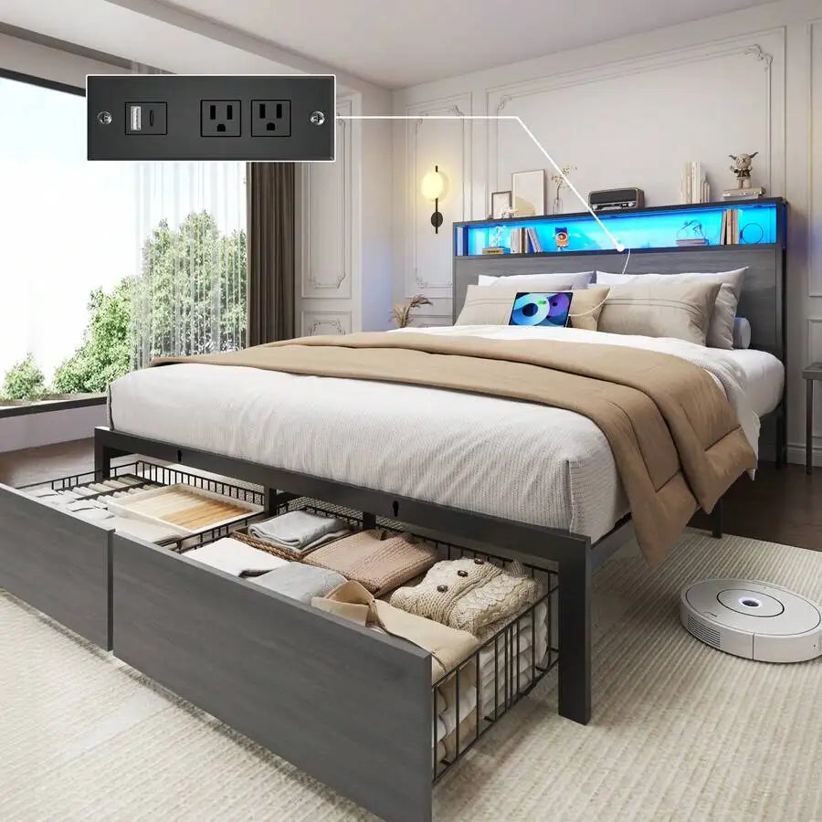 Queen & Full Bed Frame With Storage, 2-Tier Storage Headboard & Built-In Drawers, Metal Platform Bed With USB Charging Station & LED Lights, Noise Free, No Box Spring Needed, Easy Assembly,Rustic Grey