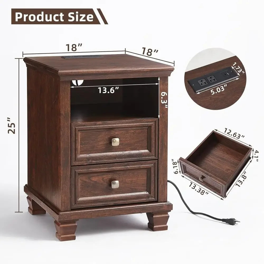 armhouse Nightstand Set o 2 with Charging Station, Rustic Brown Nightstand, 2 Ders End Table, Bede Table with Open Shel or Bedro