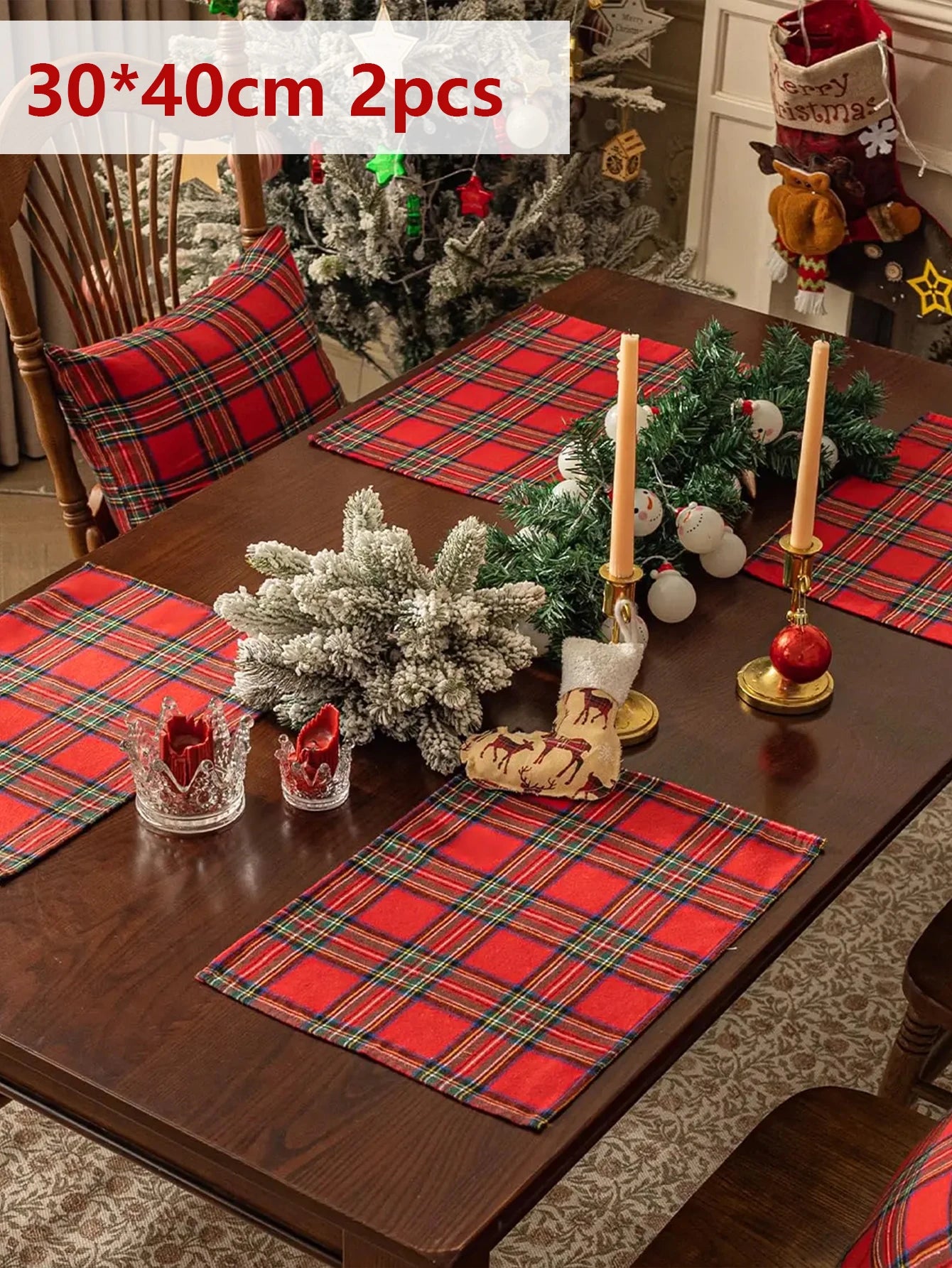 2/4/6Pcs Christmas Tartan Plaid Placemats Washable Table Mats for Holiday Dining Table Decor