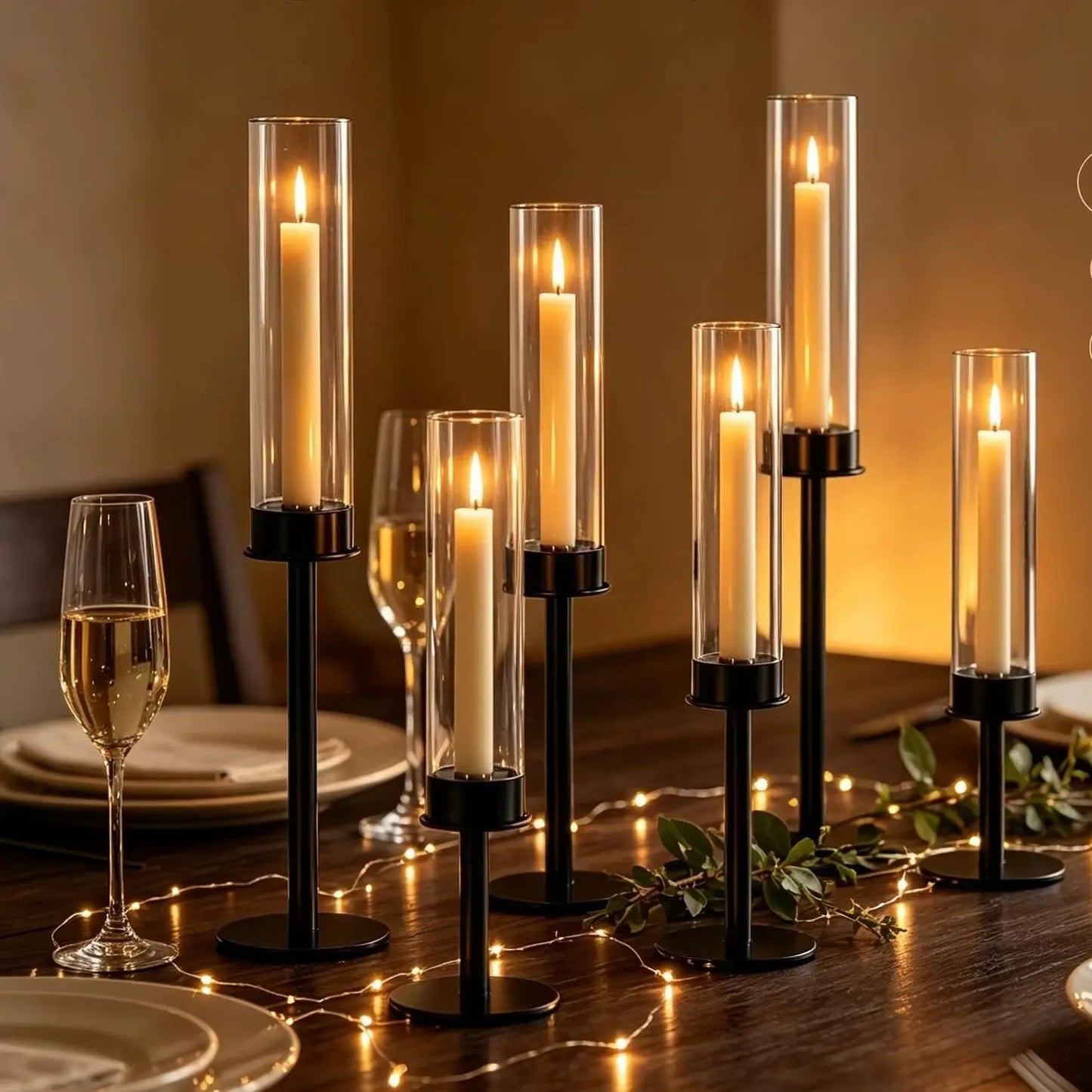 3pcs Black Minimalist Hurricane Candle Holder Set with Stable Base Modern Table Ornament for Dining Table Wedding Indoor Decorat