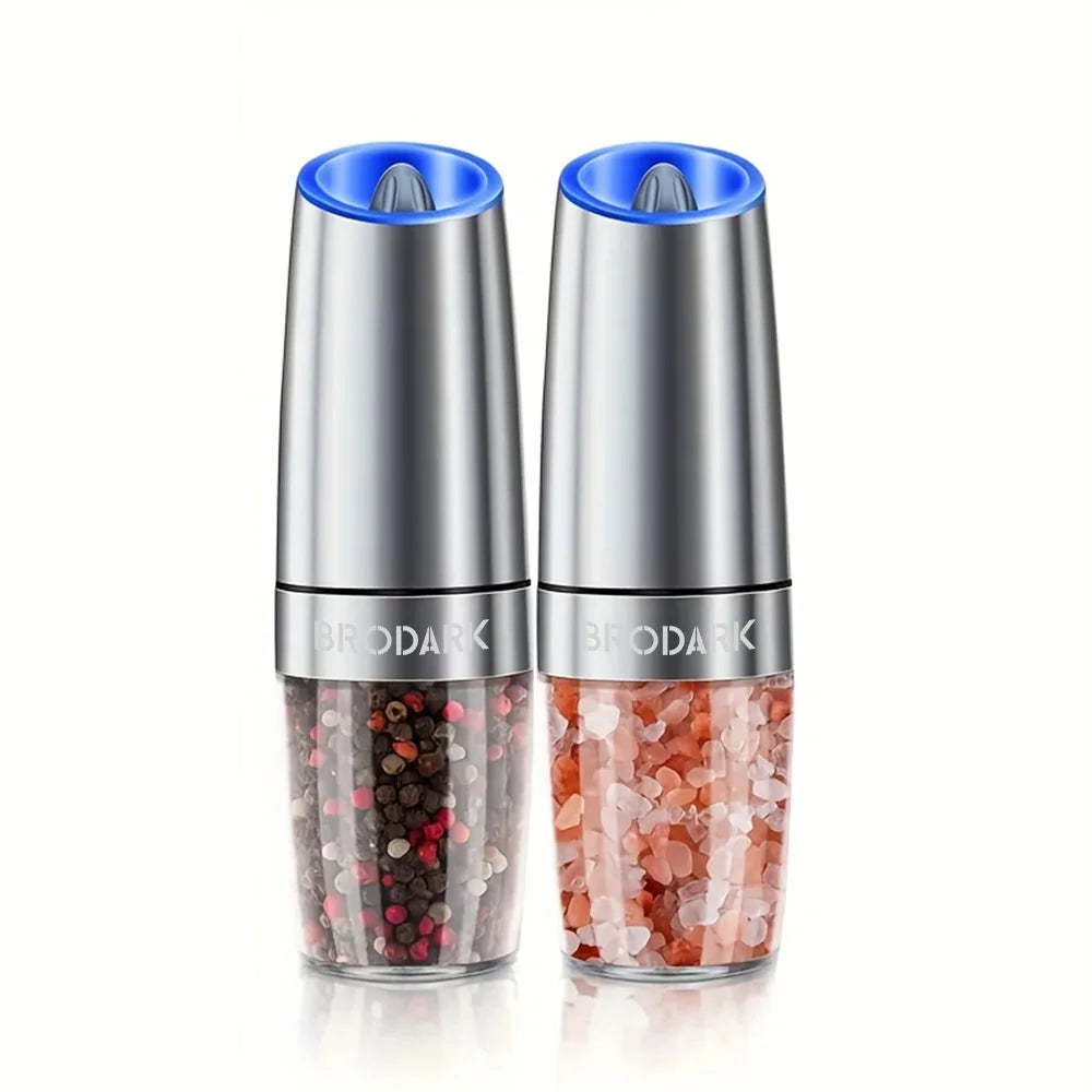 1 or 2 Pieces Gravity Electric Salt and Pepper Grinder Set Battery Powered with LED Light One Hand Automatic Operation
