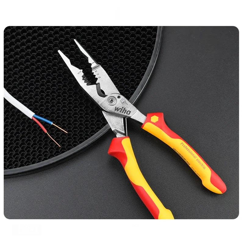 Wiha 45489 Electrician Plier 8-in-1 Multifunctional VDE-tested Insulated Wire Stripping Plier with Wide Handle Design Non-slip