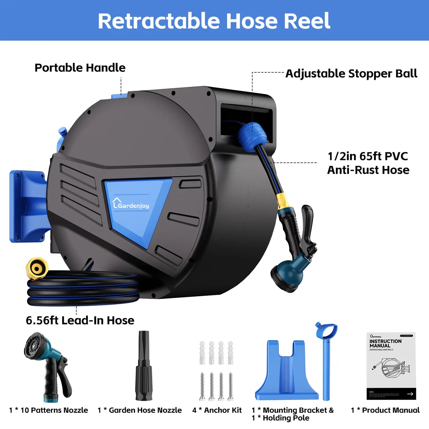 GardenJoy Retractable Garden Hose Reel 1/2in 65ft Wall Mounted