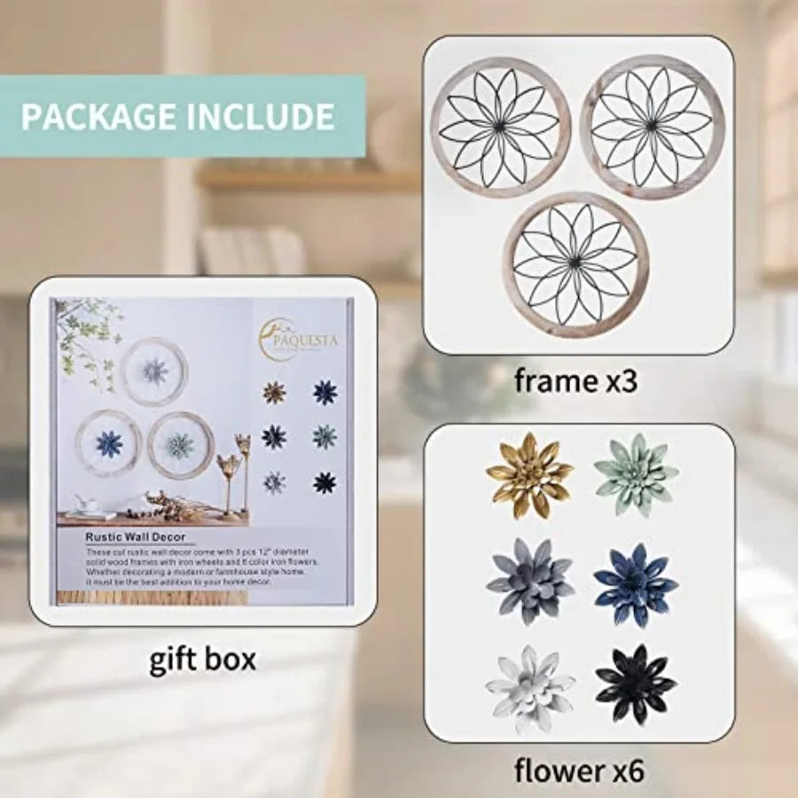 3 Pcs Round Farmhouse Wall Decor with 6 Pcs Interchangeable Flowers 12'' Medallion Wood and Metal Rustic Wall Art for Living Ro