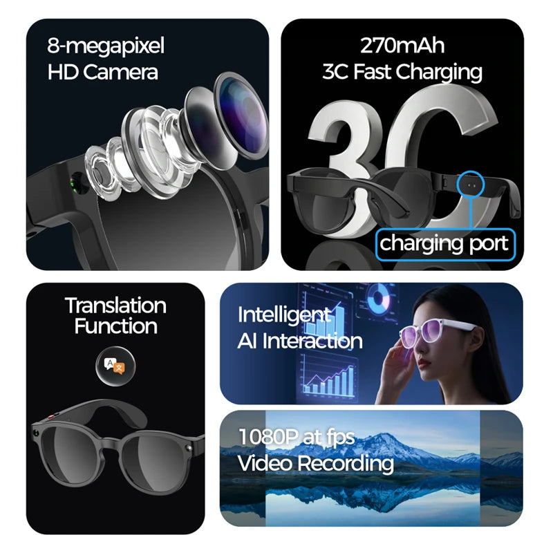 Lenovo AI Smart Glasses AI Translation 8MP HD Camera 4K Shooting Image Bluetooth Call Recording Music Smart Sunglasses 2026 New