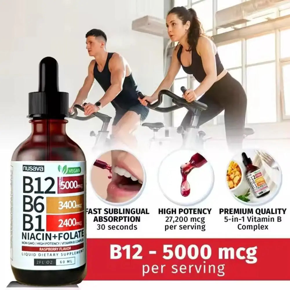 Vitamin B1 B6 B12 Multiple Vitamin B Complex Liquid Drops Raspberry Flavor Vegan Non-GMO Supplement 60ml Per Bottle Daily Supply