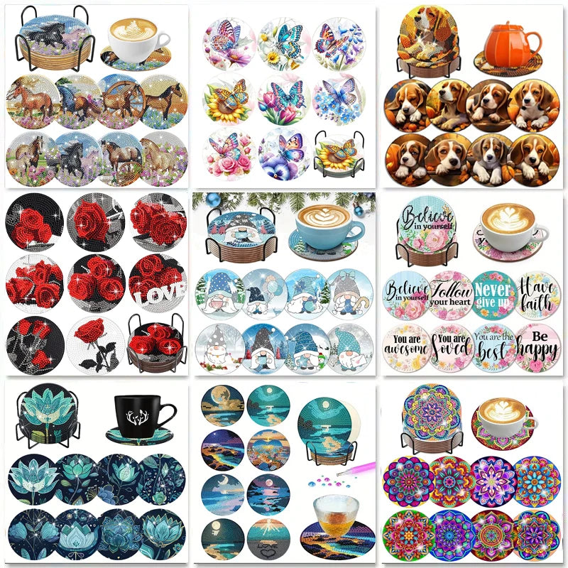 8 pieces/set animal horse pattern diamond painted coaster set with holder DIY coaster beginner coaster, craft supplies gift