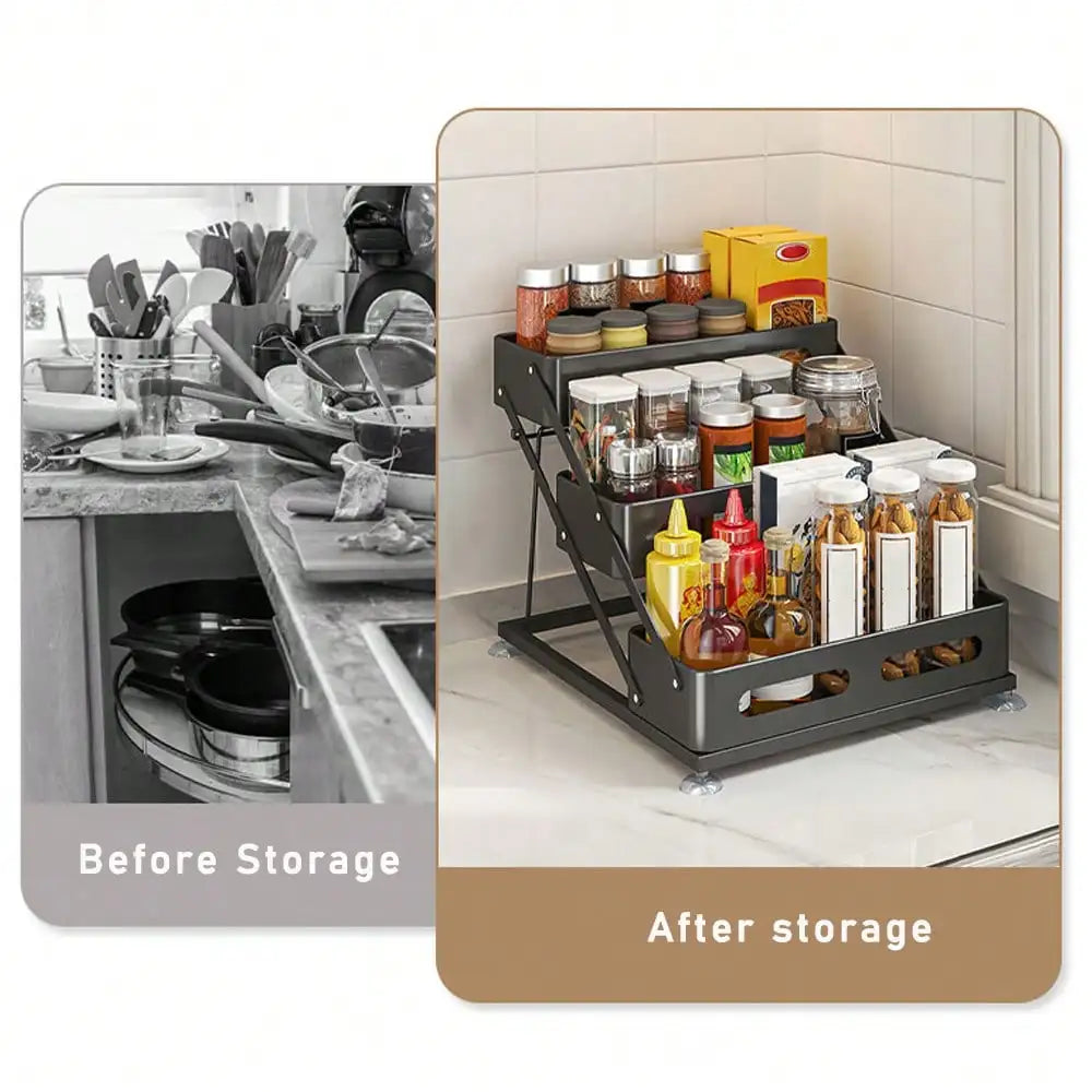 3 Tier Spice Rack Organizer Modern Black Metal Foldable Countertop Seasoning Storage Shelf Space Saving Kitchen Cabinet Organizer Rack With Protection Guardrails For Pantry Dining Table Housewarming Gift