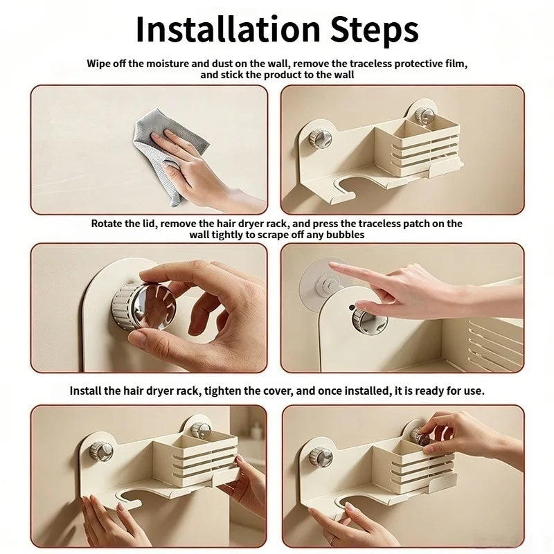 Strong Vacuum Suction Cup Bathroom Storage Rack, Punch Free Wall Mount Hair Dryer Holder