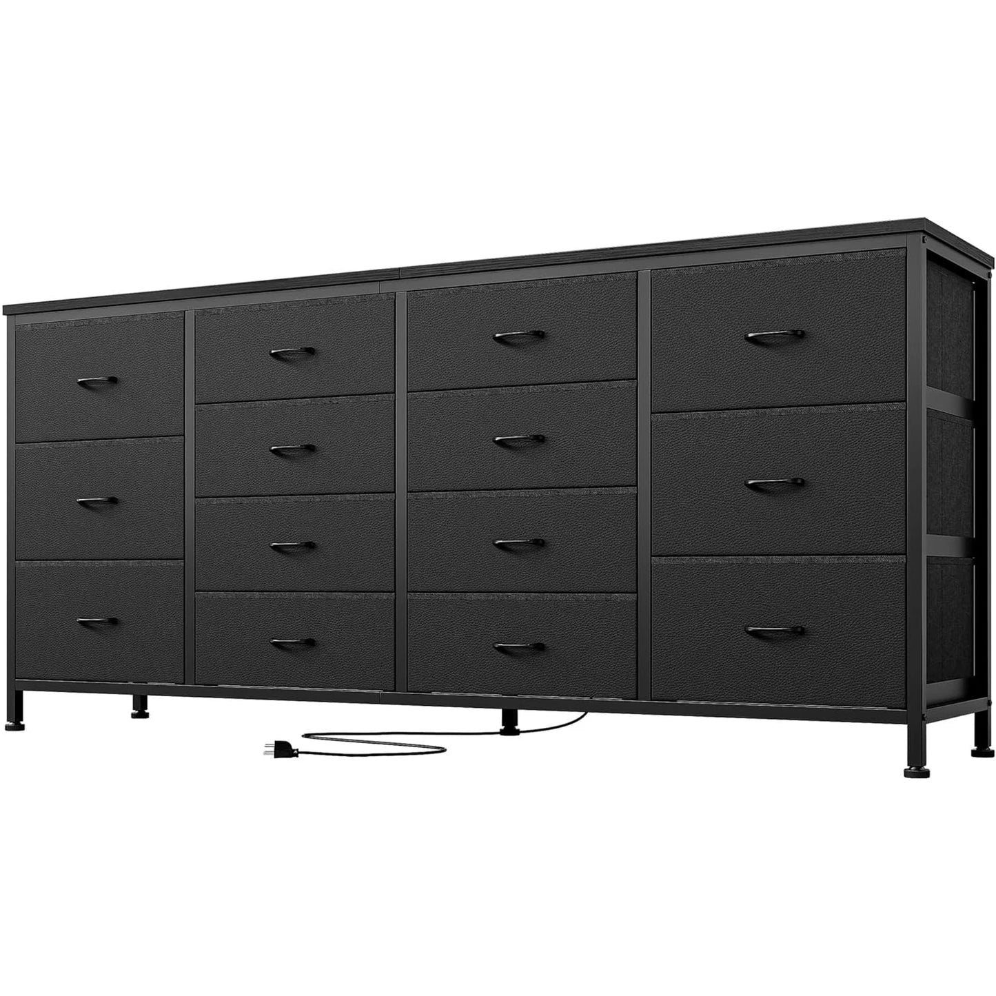14 Drawer Dresser 63 in Black Fabric Dresser TV Stand with Power Outlet for 65 70 75 in TV Long Entertainment Center for Bedroom