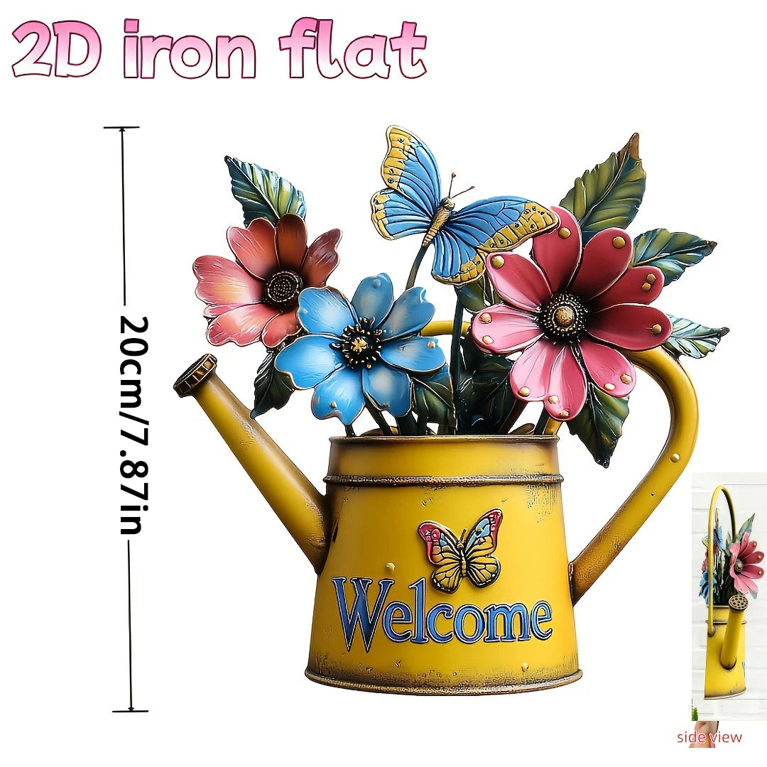2D Flat, 1pc Rustic Iron Watering Can with Flowers & Butterflies Wall Art - Print Metal Outdoor Decor for Porch, Patio, Garden
