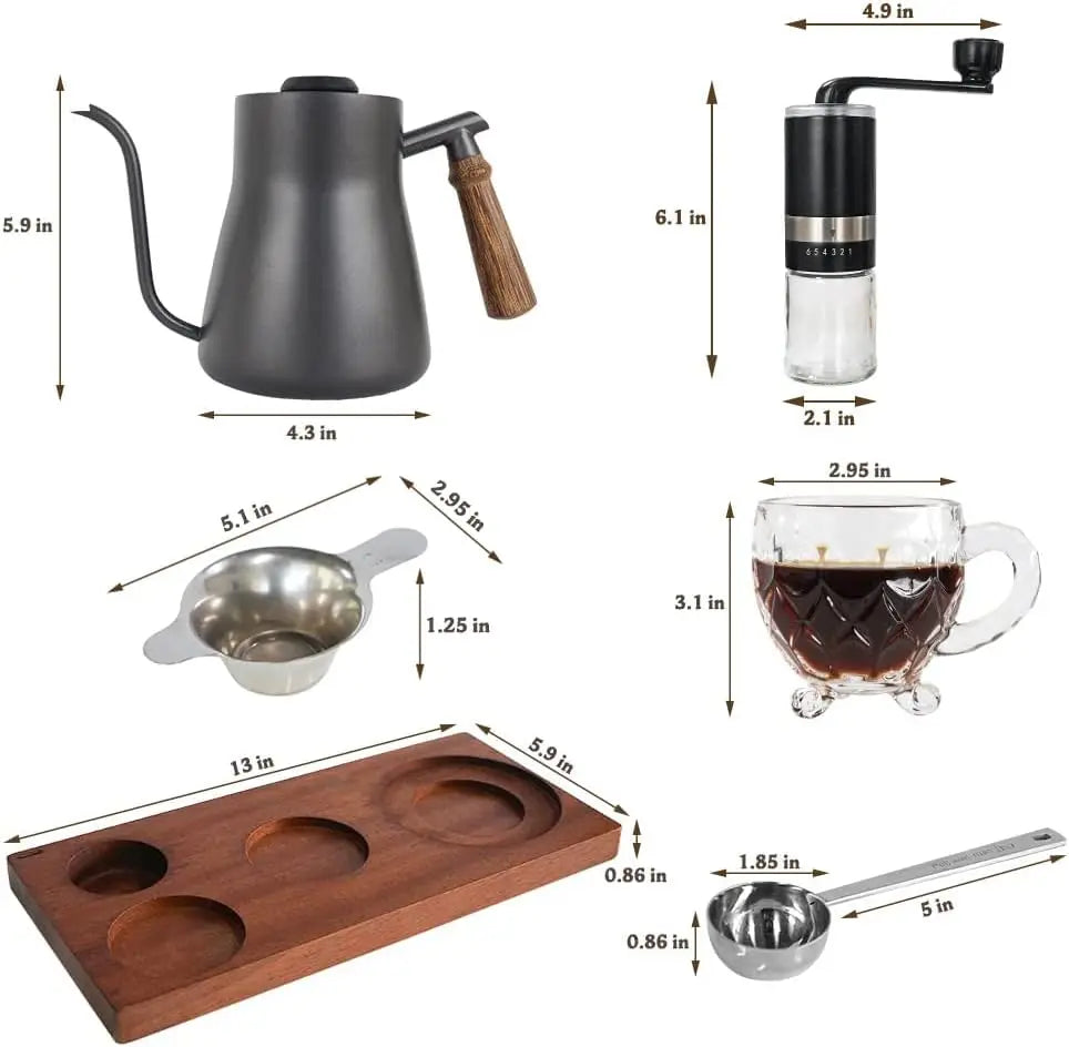 Portable Coffee Maker Set Tea Set And Tray; Manual Grinder; Stainless Steel Scoop & 2 Glass Cups and Wooden Tray
